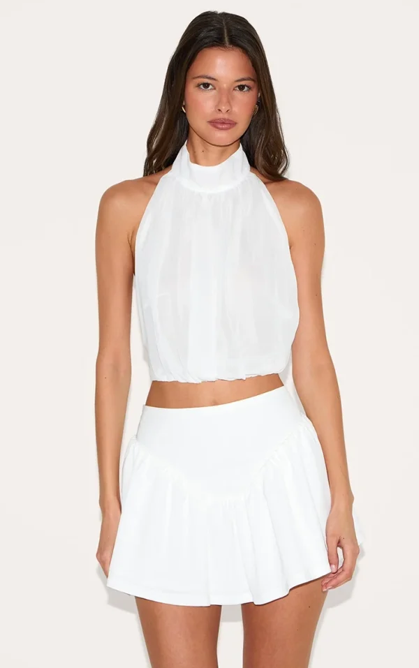 White Bubble Hem Chiffon Long Top