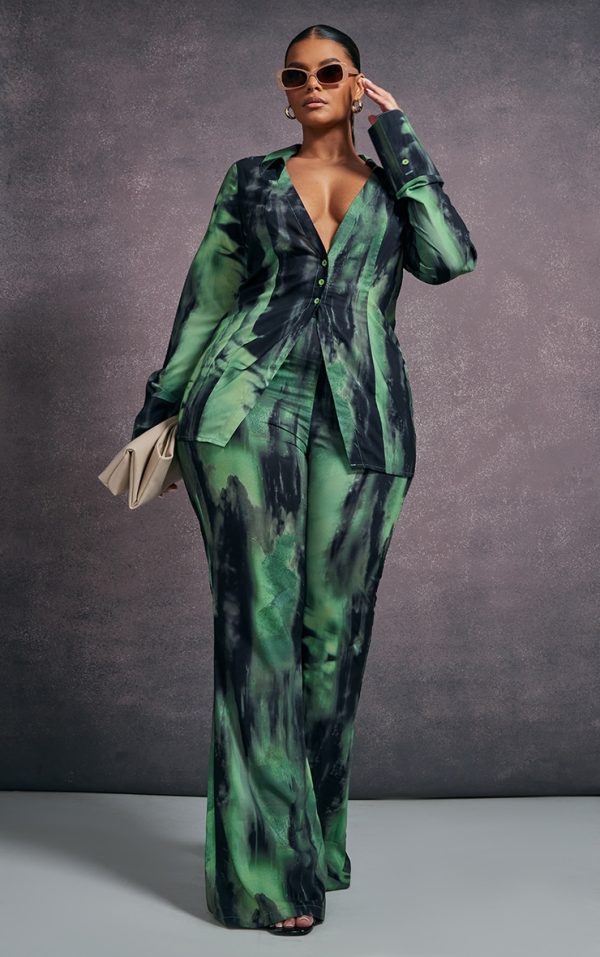Plus Green Grunge Print Chiffon Flare Pants