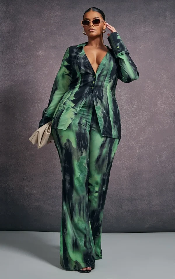 Plus Green Grunge Print Chiffon Flare Pants
