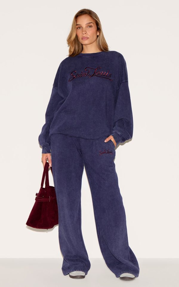 Navy Saint Louis Embroidered Wide Leg Sweatpants