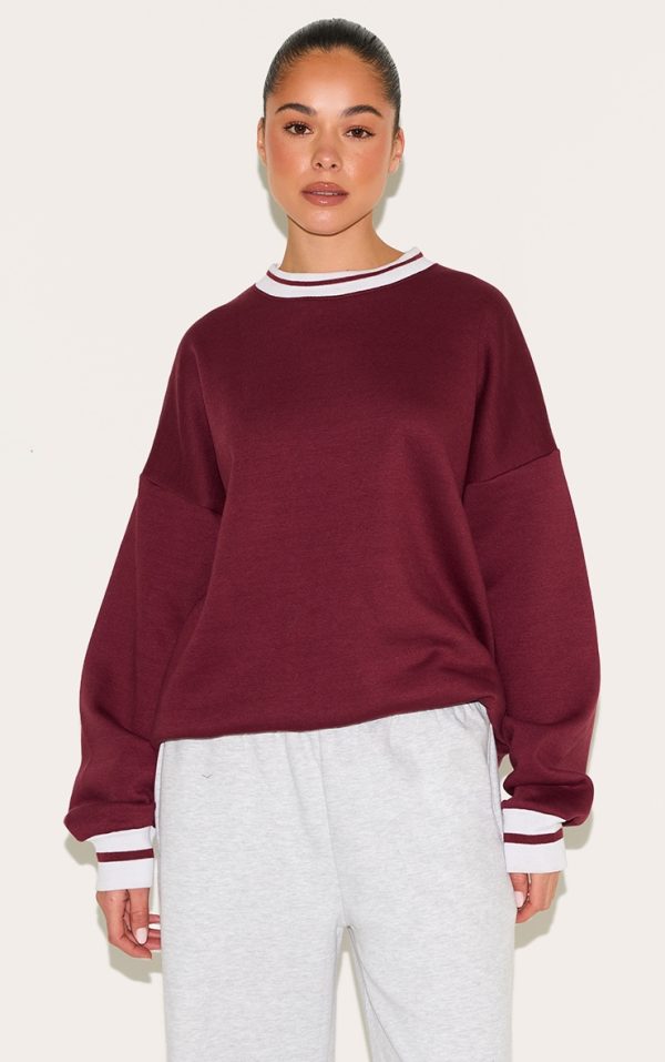 Burgundy Striped Ribbed Hem Oversized Sweatshirt