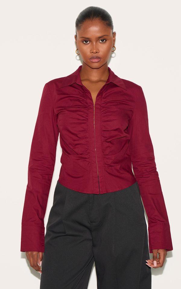 Plum Hook And Eye Ruched Fitted Shirt