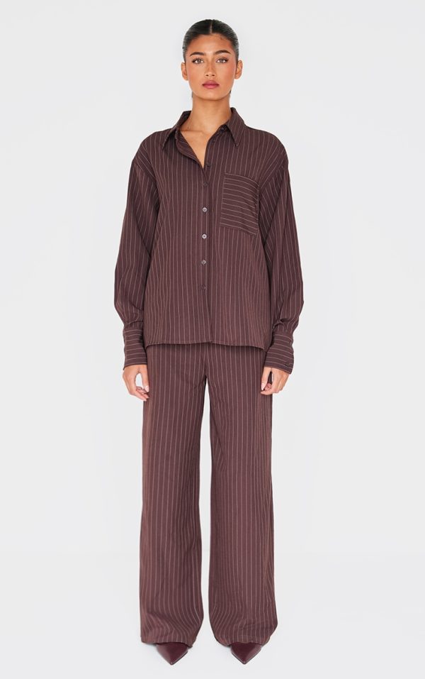 Dark Brown Woven Pinstripe Detail Wide Leg Pants