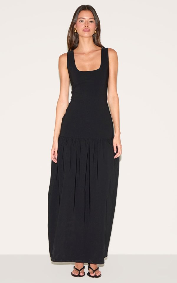 Black Stretch Woven Drop Waist Maxi Dress