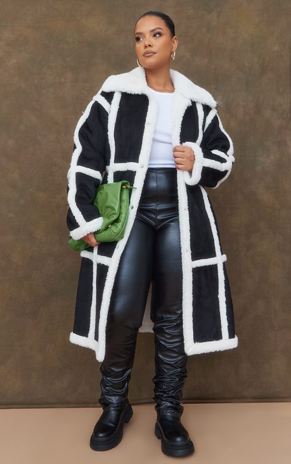 Plus Black Faux Suede Square Borg Panelled Coat