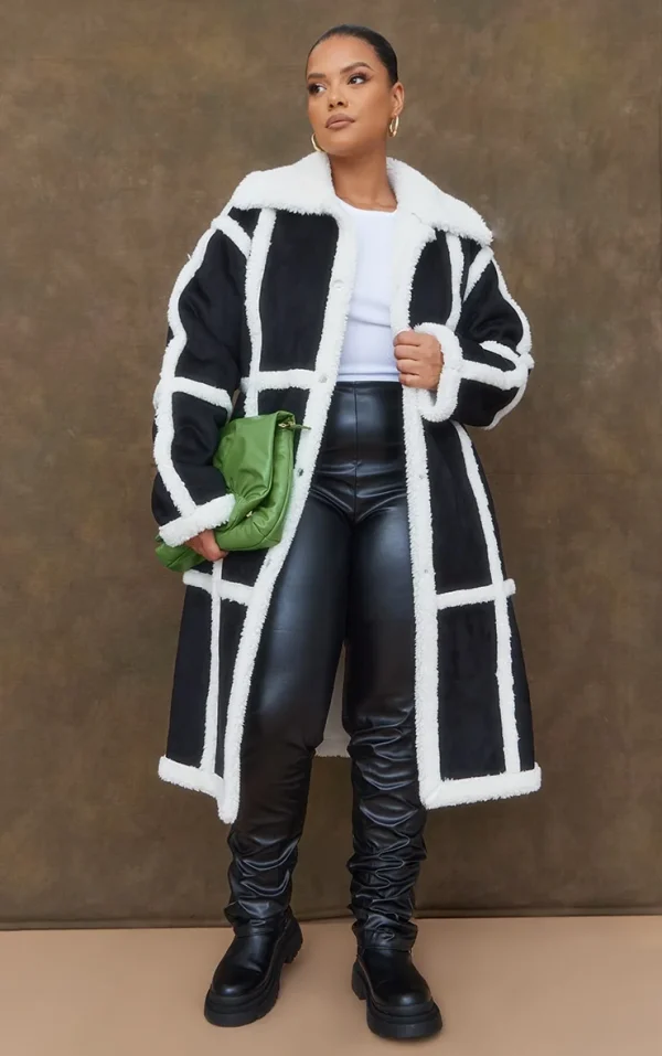 Plus Black Faux Suede Square Borg Panelled Coat