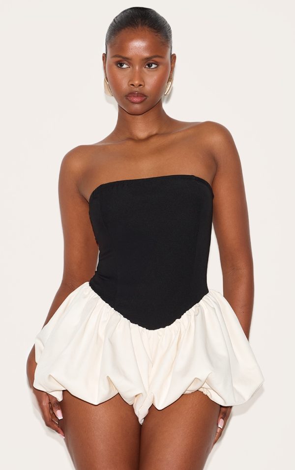 Black Contrast Woven Bandeau Puffball Romper