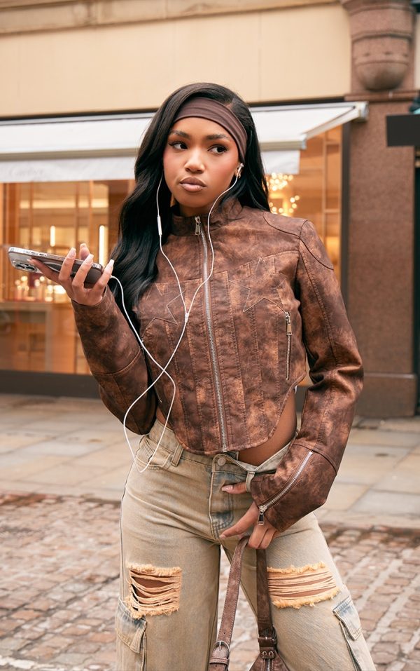 Brown Distressed Faux Leather Star Embroidery Biker Jacket