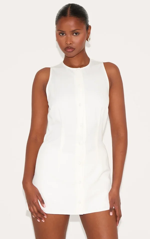 White Woven Full Button Down A Line Skort Romper