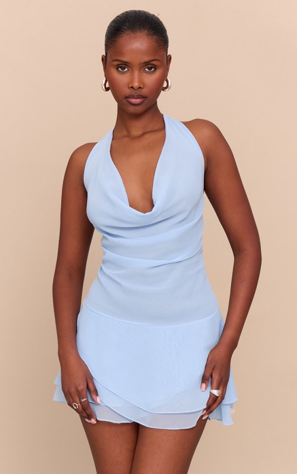 Baby Blue Chiffon Cowl Neck Ruched Scarf Detail Mini Dress