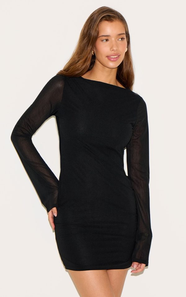 Black Chiffon Boat Neck Long Sleeve Shift Dress