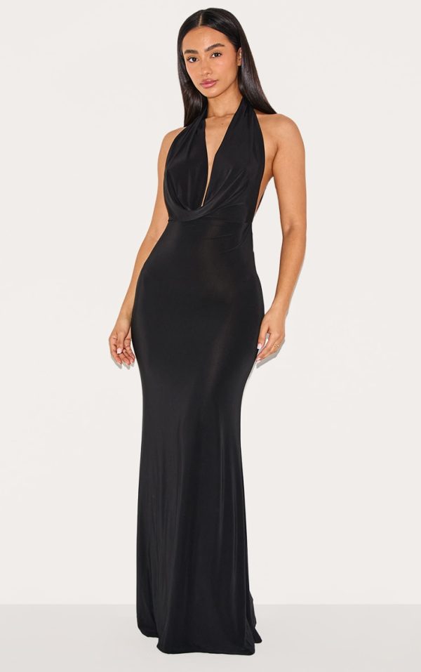 Petite Black Slinky Extreme Cowl Backless Midaxi Dress