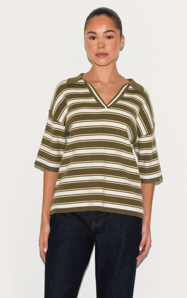 Khaki Stripe Soft Knit V Neck Collar Polo Top