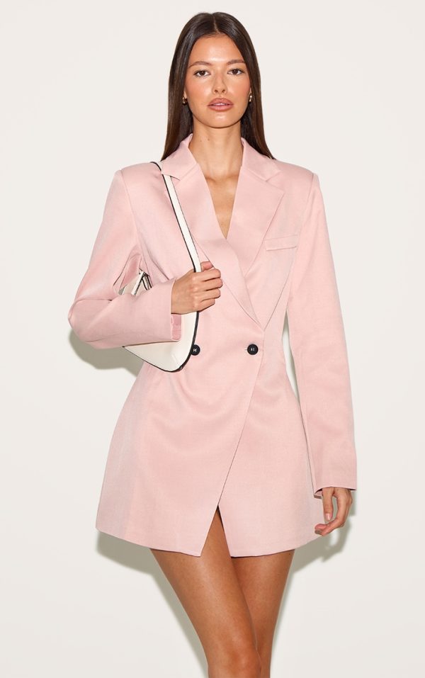 Baby Pink Woven Cinched Waist Blazer Dress