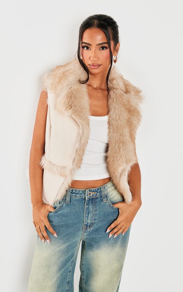 Petite Beige Faux Fur Trim Vest