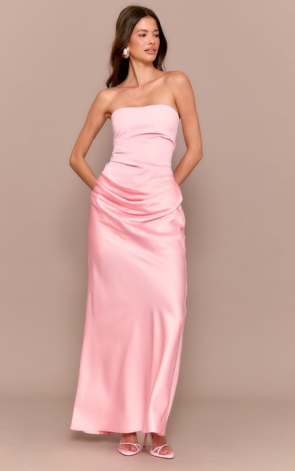 Pale Rose Bandeau Satin Drape Detail Midaxi Dress