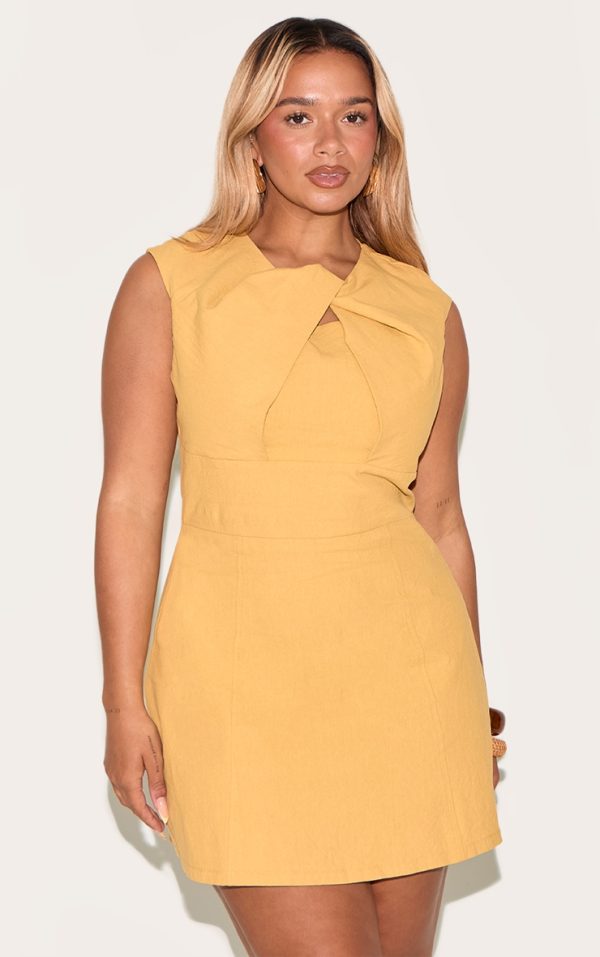 Shape Tan Linen Look Pleated Neck A Line Mini Dress
