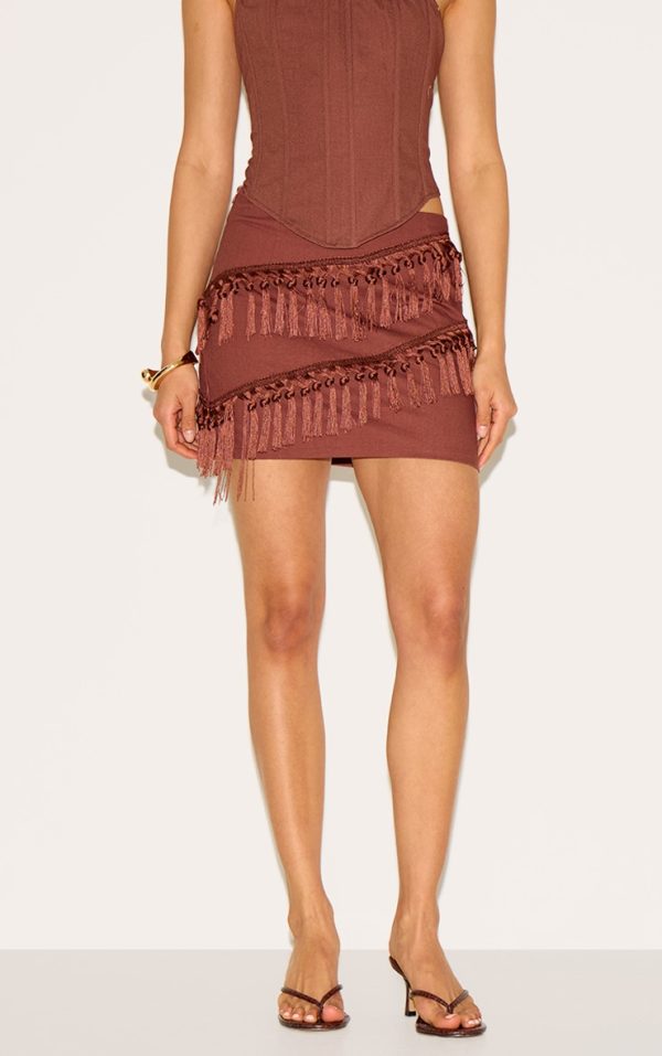 Chocolate Linen Tassle Detail Mini Skirt