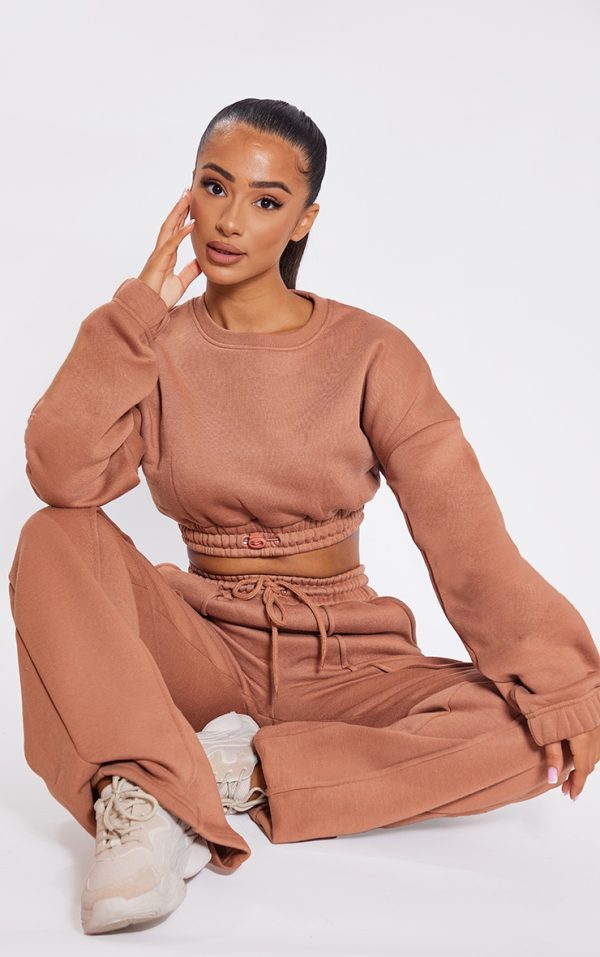 Petite Tan Crop Elasticated Hem Sweat Top