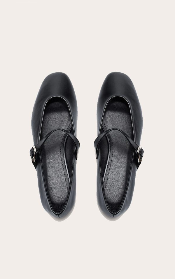 Black Round Toe Ballet Flat With Buckle Detail