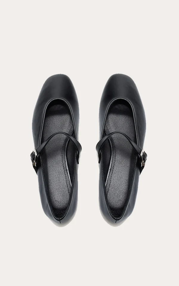 Black Round Toe Ballet Flat With Buckle Detail