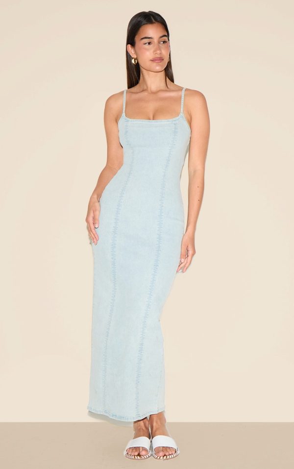 Light Blue Cami Strap Denim Midaxi Dress