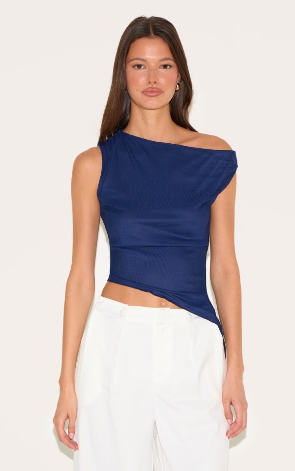Navy Mesh Asymmetric Neck Top