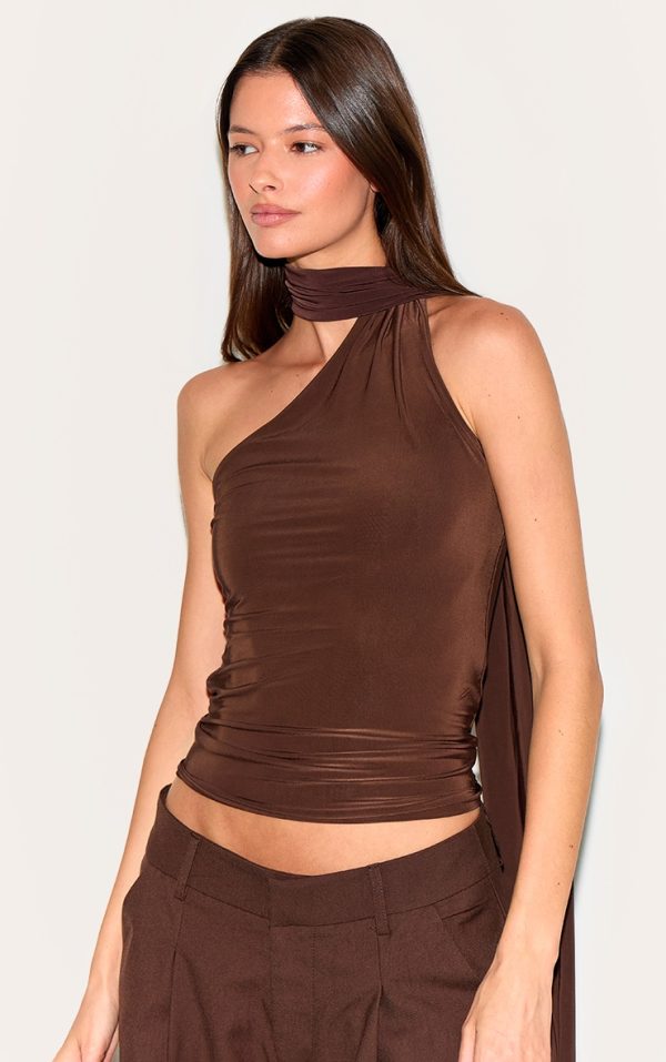 Chocolate Double Layer Scarf Detail Long Top