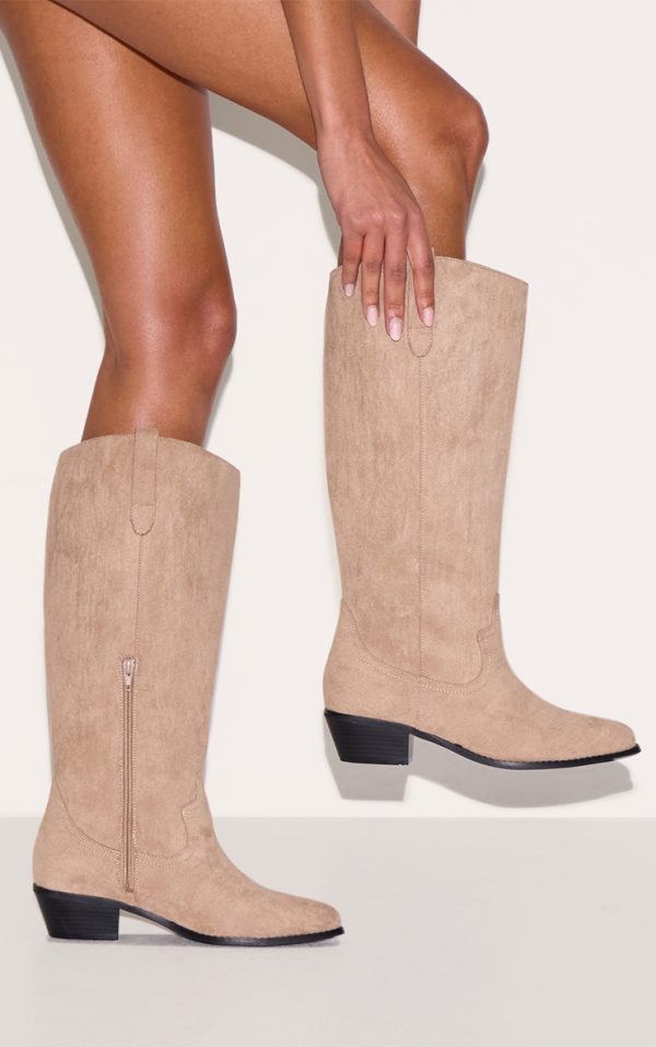 Taupe Faux Suede Point Toe Knee High Western Boots