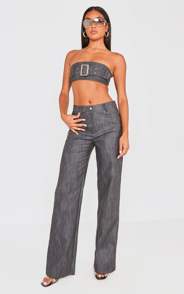 Black Washed Faux Leather Belted Straight Leg Pants