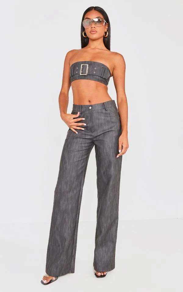 Black Washed Faux Leather Belted Straight Leg Pants