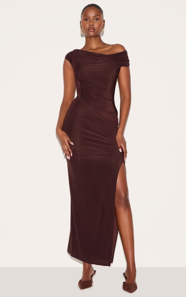Chocolate Slinky Twist Detail Maxi Dress
