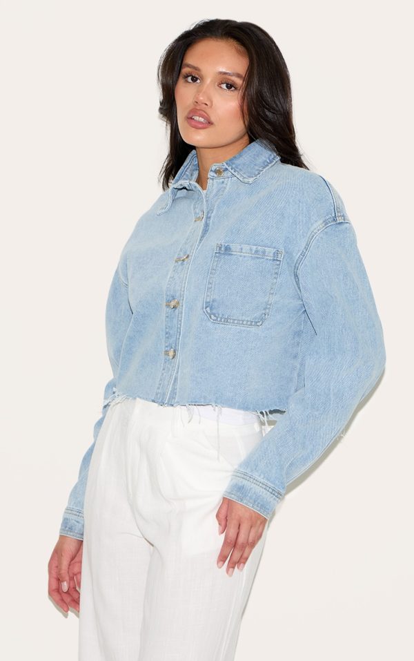 Light Blue Wash Raw Hem Cropped Denim Shirt