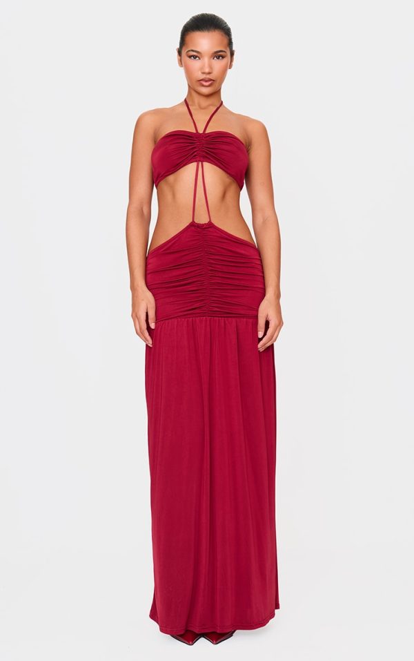 Burgundy Double Layer Slinky Tie Neck Cut Out Maxi Dress