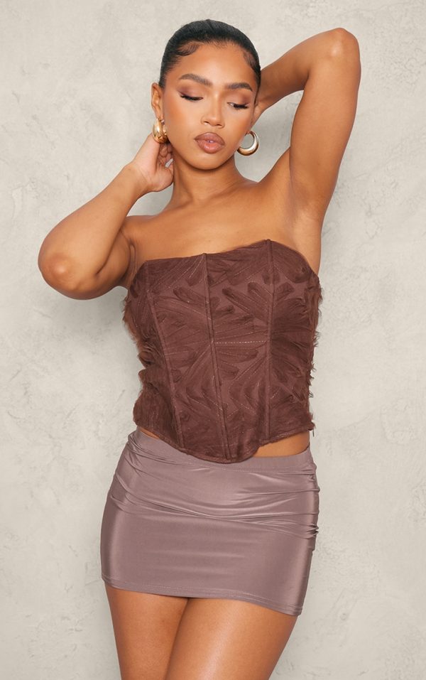 Brown Floral Tulle Boned Corset