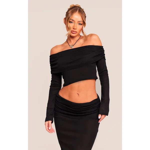 Black Sheer Burnout Mesh Fold Over Hem Long Sleeve Bardot Top