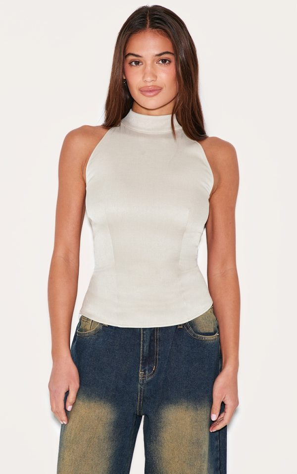 Mushroom Woven High Neck Tie Detail Top