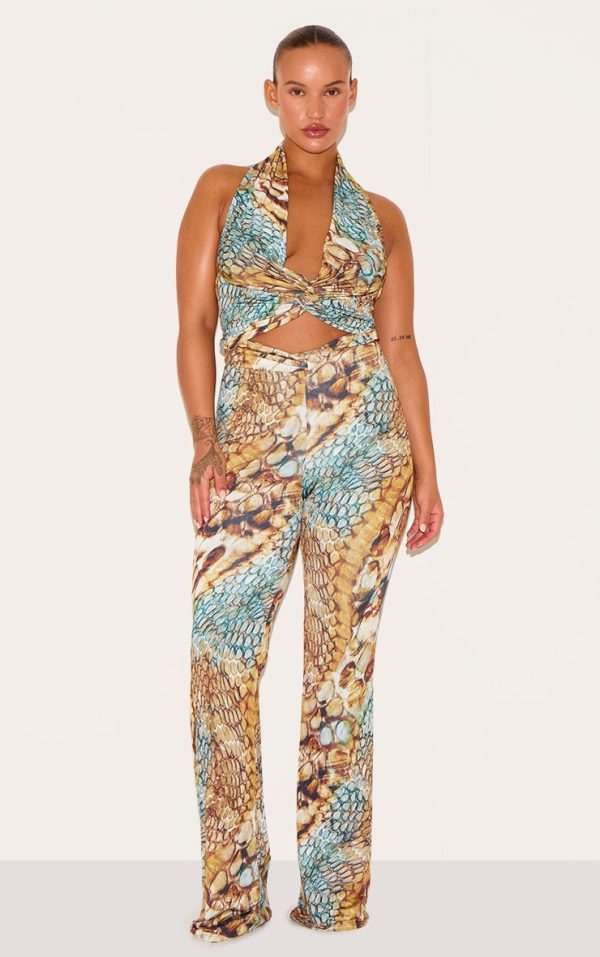 Plus Multi Abstract Snake Print Double Layer Slinky Flare Pants