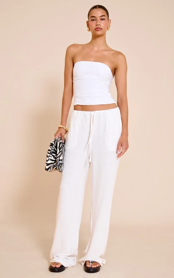 White Textured Mid Rise Wide Leg Drawstring Pants