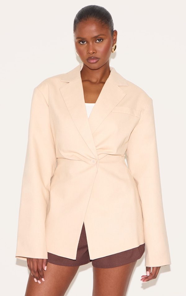 Beige Linen Look Tailored Cinched Waist Blazer