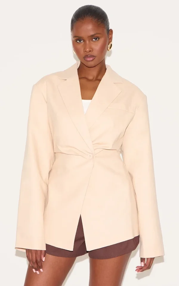 Beige Linen Look Tailored Cinched Waist Blazer
