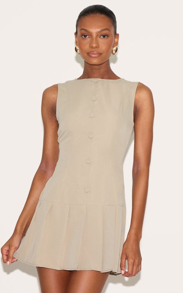 Clay Button Down Pleated Hem Shift Dress