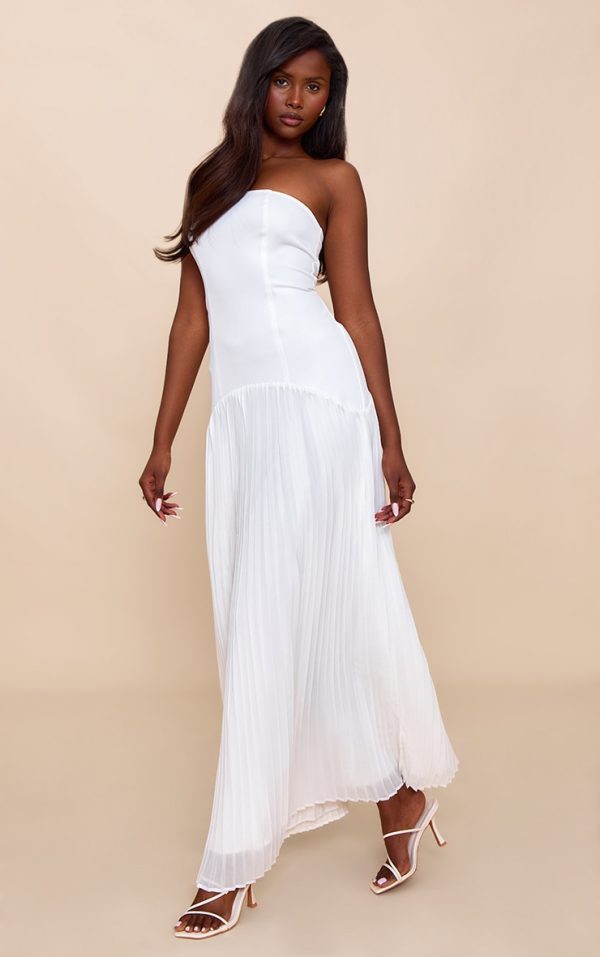 White Woven Bandeau Pleated Hem Detail Maxi Dress