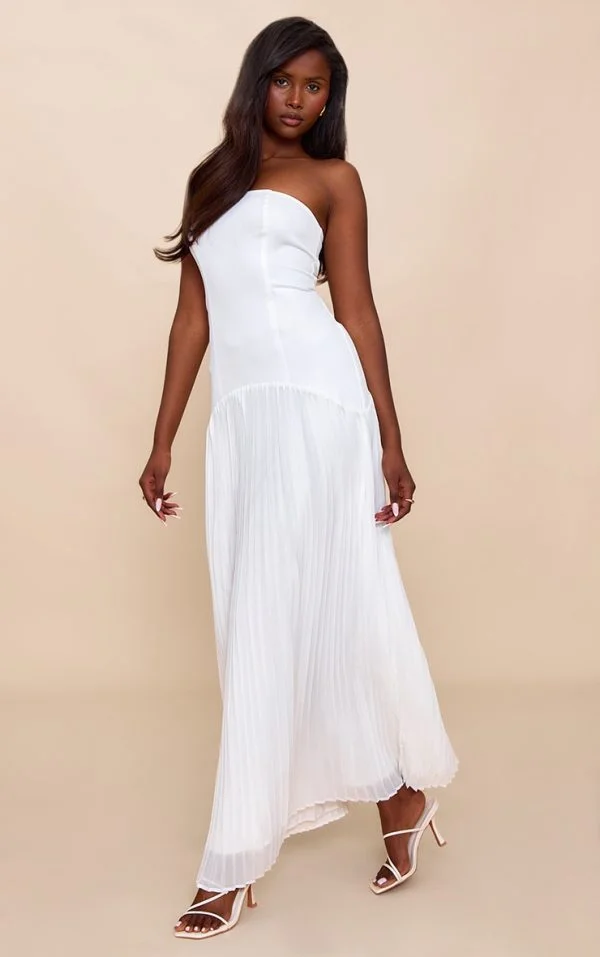 White Woven Bandeau Pleated Hem Detail Maxi Dress