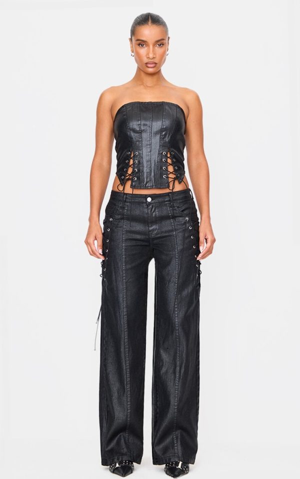 Black Coated Denim Lace Up Wide Leg Jean