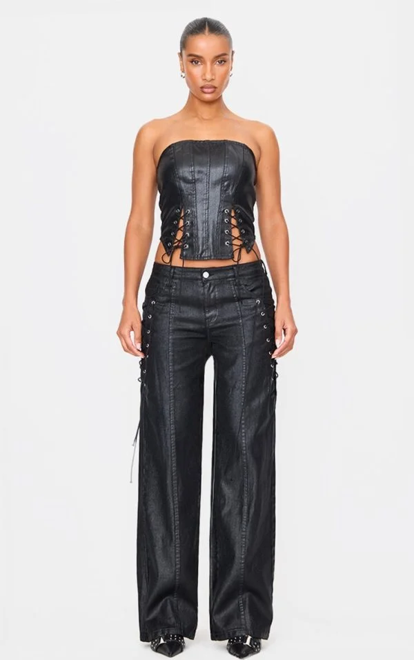 Black Coated Denim Lace Up Wide Leg Jean
