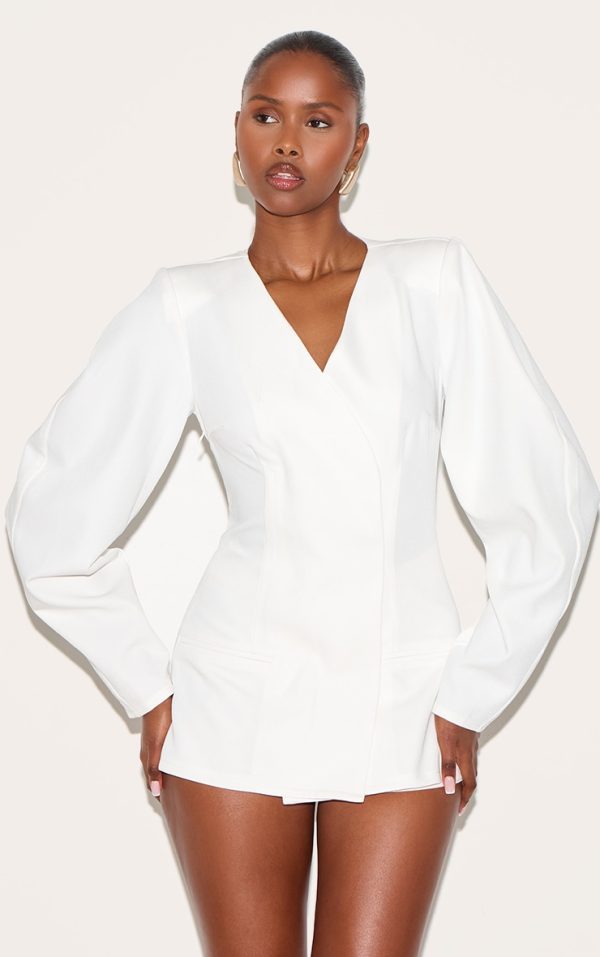 White Cross Front Cocoon Sleeve Tailored Romper