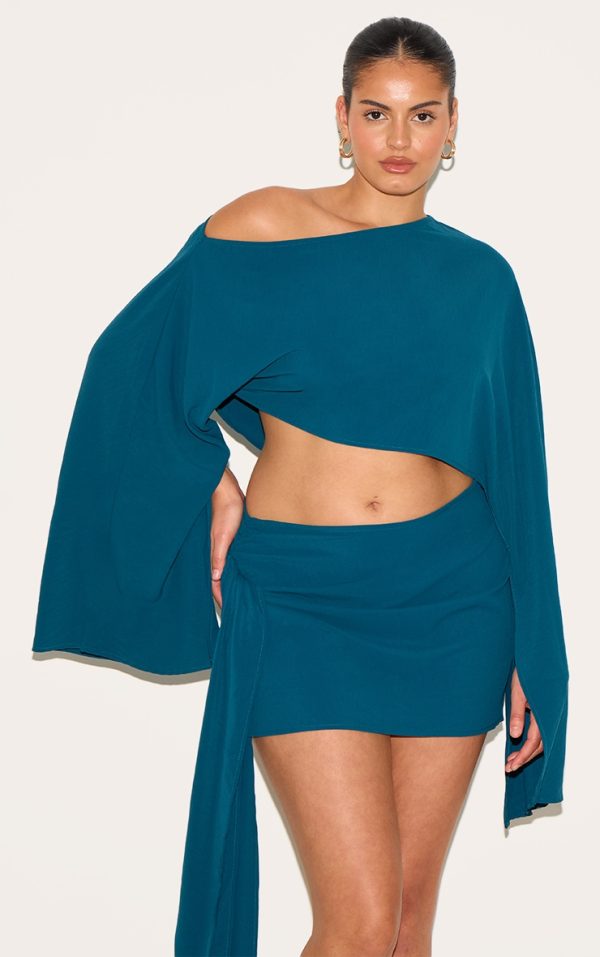 Plus Teal Floaty Woven Slash Neck Long Sleeve Top