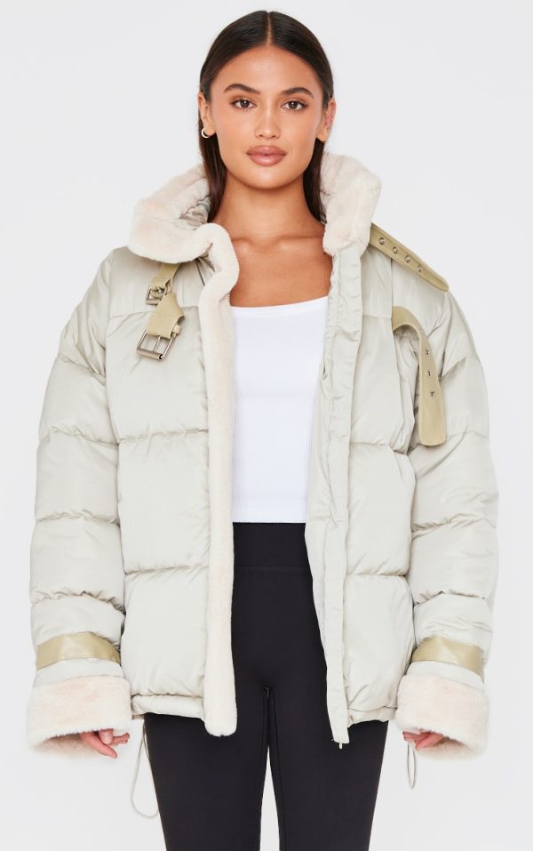 Sage Khaki Buckle Trim Detail Puffer Jacket
