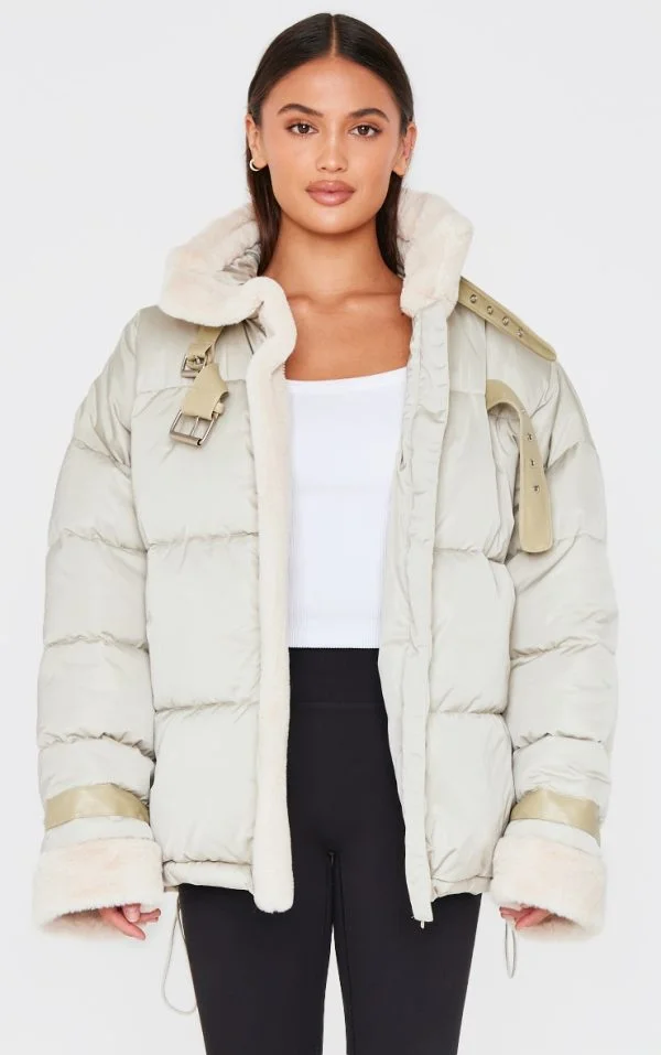 Sage Khaki Buckle Trim Detail Puffer Jacket